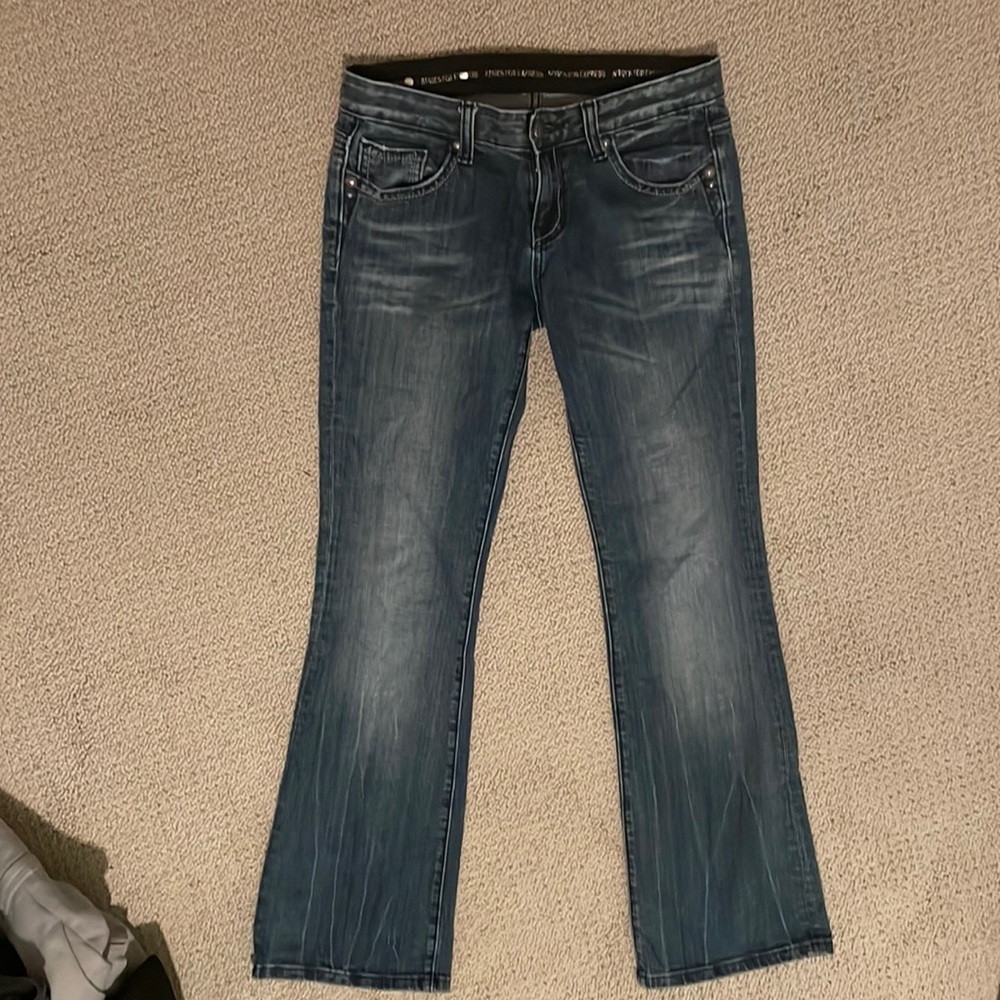 Y2K ReRock for Express Stretch Lowrise Boot Bootcut Jeans Womens 4 Reg 4R 32”